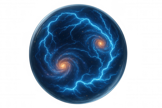 Two swirling galaxies emitting orange and blue light rotate within a transparent sphere, with blue electric arcs, creating a futuristic energy source