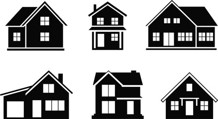 Minimalist black silhouette vector icons of modern residential houses with various roof styles, windows, doors, and chimneys in flat design style