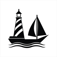 Sailboat and Lighthouse Vector Silhouette Illustration