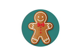 A cheerful gingerbread man, adorned with a red bow tie, is set against a teal circle background.