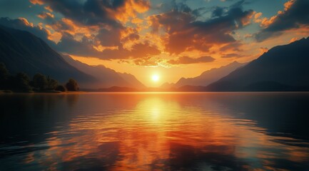 Beautiful Sunset Over a Tranquil Lake Surrounded by Mountains Reflecting Warm Colors in the Sky.