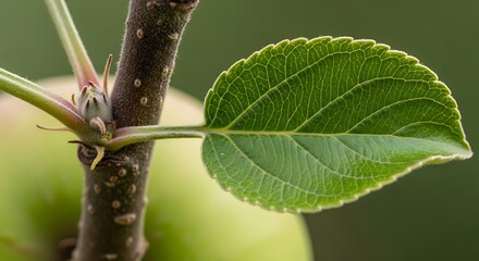Close-up of a Vibrant Green Apple Leaf on a Tree Branch