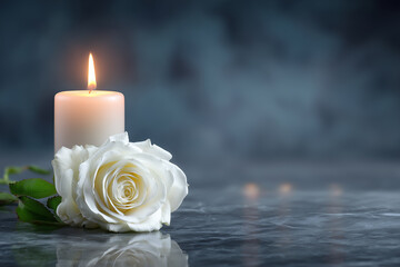 A single candle illuminates a white rose resting on a reflective surface. 