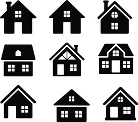 Simple black silhouette icons of nine small houses featuring various roof styles, window arrangements, doors, and chimney details on a white background