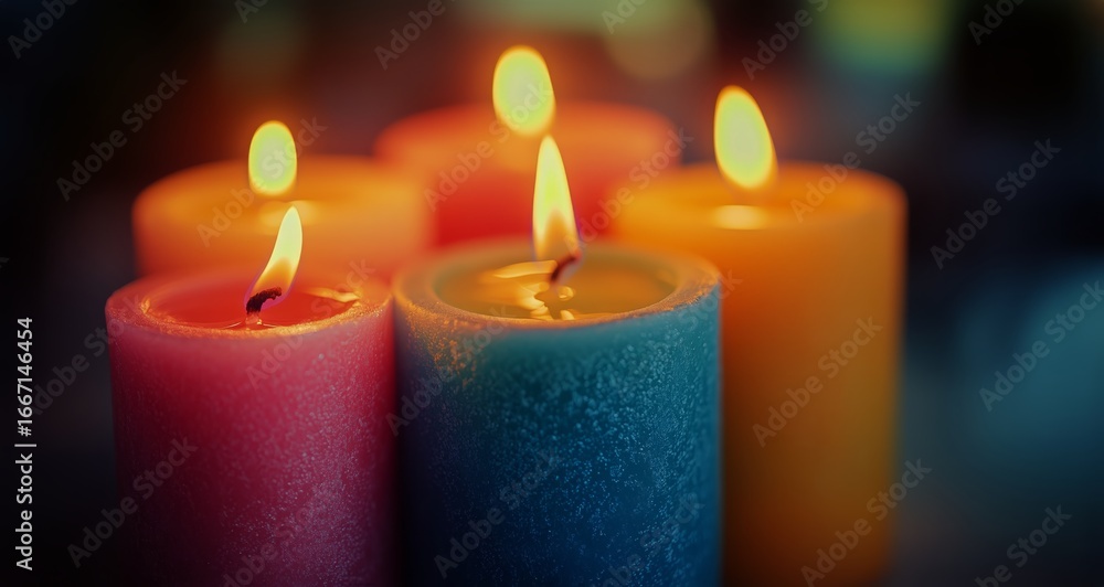 Aufkleber colorful candles glowing softly in a dimly lit environment with blurred bokeh lights in the backgrou