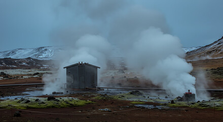 Fototapeta premium Steam rises from geothermal ground near small structures, surrounded by moss and snowy hills under a cloudy sky, showcasing natural energy.