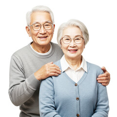 Joyful elderly couple embracing affectionately with warm smiles and glasses celebrating lifelong companionship isolated on transparent background