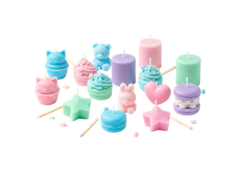 A collection of decorative candles in pastel colors shaped like cupcakes, bears, stars, hearts, and macarons, arranged against a black background.