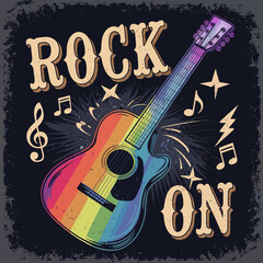 2d vector illustration art  Retro music guitar with symbol and rock music with colorful  background, Summer t shirt 
