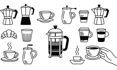 Coffee Drink Icon Collection Breakfast Time Vector Line Art Design Perfect for Menu Cards Cafe Flyers and Branding Materials Black and White