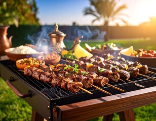 Outdoor barbecue with kebabs and side dishes under a sunny sky