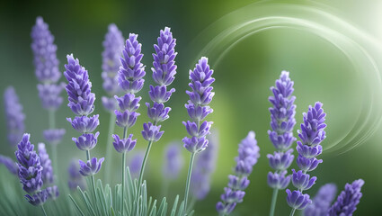 Lavender flowers on green background with