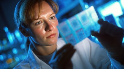 Lab technologist examining a spinal muscular atrophy screening card under soft light medium shot emphasizing the focused card with the technologist slightly out of focus behind it.