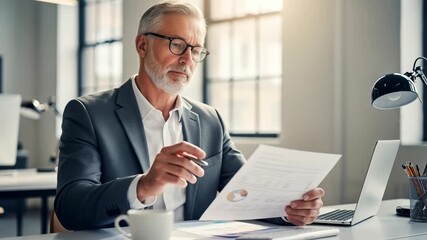Focused senior Caucasian businessman analyzing financial documents at his desk - Powered by Adobe
