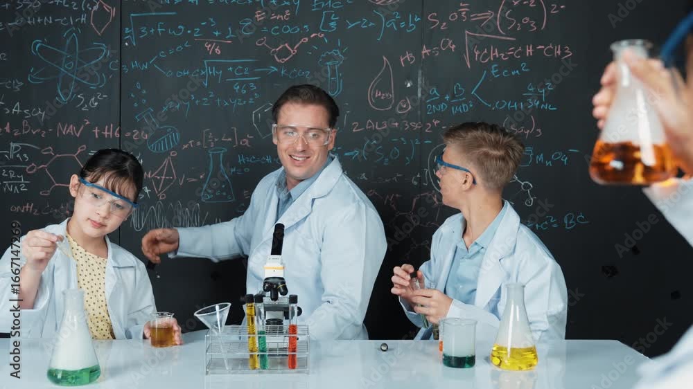 Poster smart teacher explain about chemical theory while student mixing colored solution or doing experimen