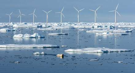 Floating icebergs drift near offshore wind turbines, merging natural beauty with renewable energy in a cold seascape that reflects climate-conscious innovation.