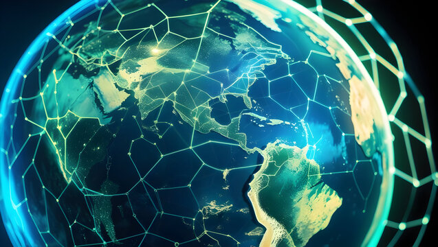 Holographic earth map with hexagonal network overlay