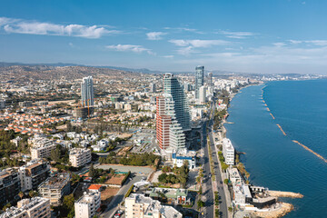 Limassol, Cyprus cityscape featuring modern skyscrapers rising along the Mediterranean coast
