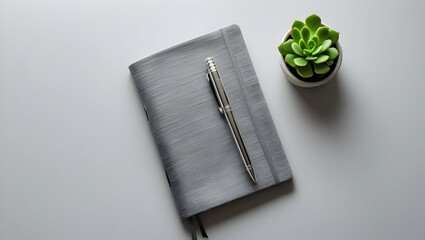 Flatlay of grey notebook pen and green plant workspace