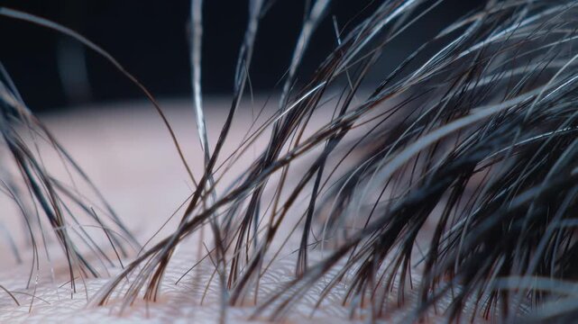 Close-up scalp hair follicle macro shot, dark background, medical research
