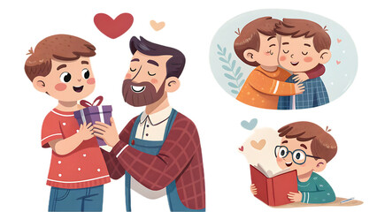 Father's day illustration featuring a son giving a gift and other loving father son moments depicted