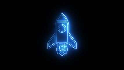Glowing neon line rocket spaceship icon launching on space background. Space, startup, creative idea, business, innovation and technology concept 4k motion video.