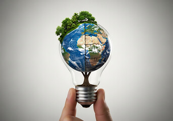 A hand holds a light bulb containing a vibrant miniature Earth with lush trees on top, symbolizing eco-friendly energy and global environmental solutions.