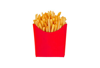 Crispy golden french fries in a red paper container isolated on transparent background