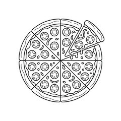 Hand drawn pizza with one slice removed showing melted cheese