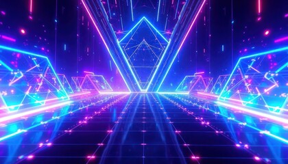 Dynamic neon light tunnel with glowing geometric shapes and a grid floor, creating a futuristic cyber landscape. Perfect for technology, gaming, or abstract backgrounds.