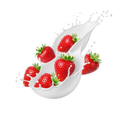 Fresh strawberries splash into creamy milk showing delicious texture transparent background