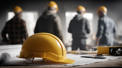 Safety hard hat on technical plans with crew in discussion conveying workplace protection leadership culture and proactive risk management
