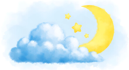 Dreamy Crescent Moon and Puffy Cloud Illustration &mdash; Soft Pastel Night Sky with Blue Fluffy Cloud, Golden Crescent Moon and Tiny Stars (Children&rsquo;s Nursery Sleep-Time Art)