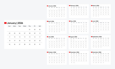 2026 monthly planner calendar, calendar 2026, monthly calendar 2026, 2026 vector calendar