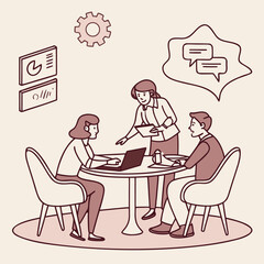 illustration of business team collaboration, meeting table, pastel tones, minimal design, editable vector