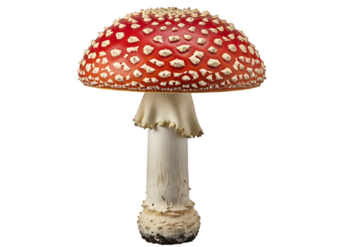 A vibrant red mushroom with white speckles displays a detailed, captivating structure against a black background.