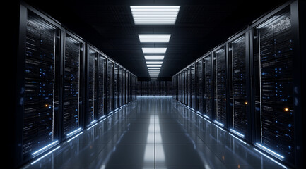 A dark data center with rows of high-performance, modern, and powerful server equipment. A very wide perspective shot, with no lights on in the room other than from some white light panels mounted
