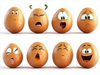 Chicken eggs expressing various emotions on white background