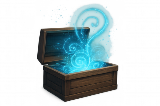 Magical blue light escaping from an open wooden treasure chest, isolated on transparent background, perfect for fantasy and adventure projects
