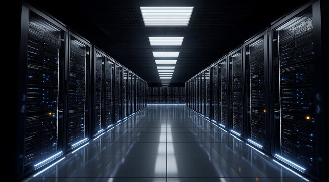 A dark data center with rows of high-performance, modern, and powerful server equipment. A very wide perspective shot, with no lights on in the room other than from some white light panels mounted