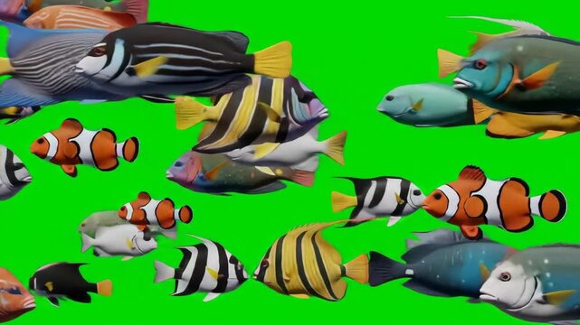 Colorful fish school swims green screen, animation background