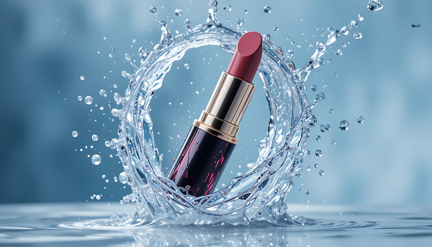 A luxurious red lipstick is captured in a dynamic splash of water, creating a refreshing and elegant beauty advertisement - Powered by Adobe