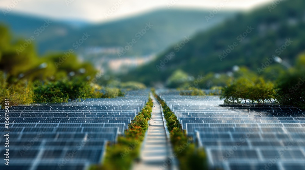 Poster rows of sleek solar panels in a medium frame reflect ambient light with softly blurred trees and hil