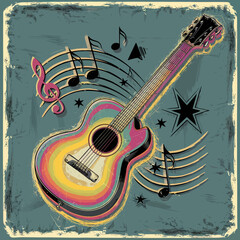 2d vector illustration art  Retro music guitar with symbol and rock music with colorful  background, Summer t shirt 
