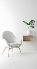 Modern white armchair next to a floating wooden shelf with a potted plant furniture