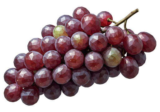 A cluster of red grapes, rendered in a low-poly style, with a deep dark background.