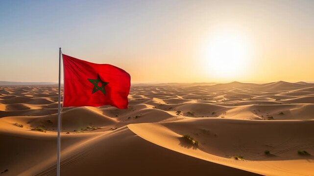 Moroccan flag waves majestically over the Sahara Desert
