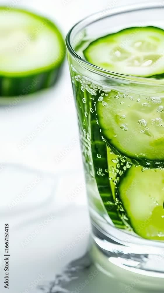 Poster a refreshing drink with sliced cucumbers and ice