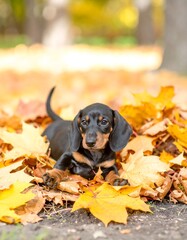 Cute puppy in autumn leaves