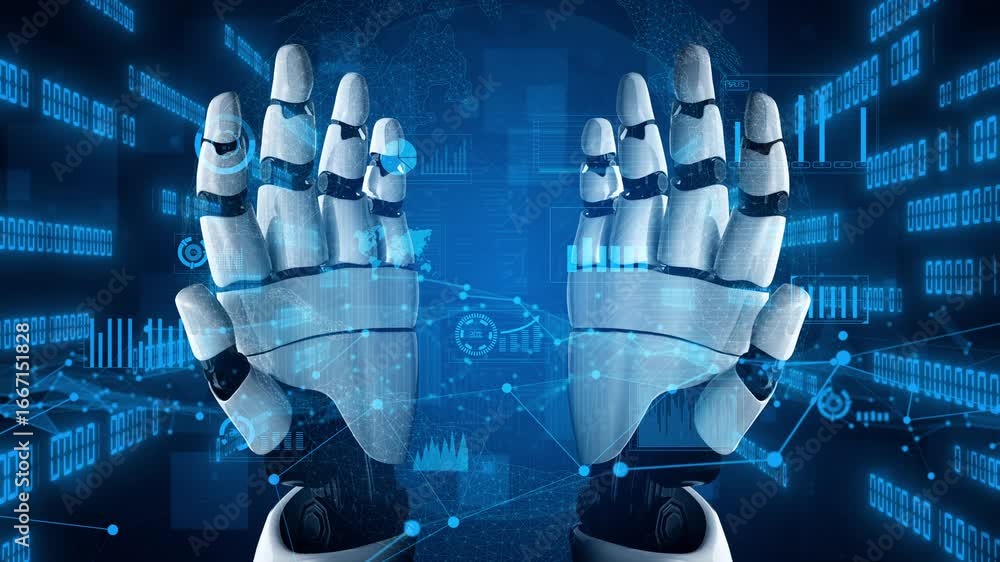Poster a pair of futuristic robotic hands displays digital data and analytics against a high-tech backgroun